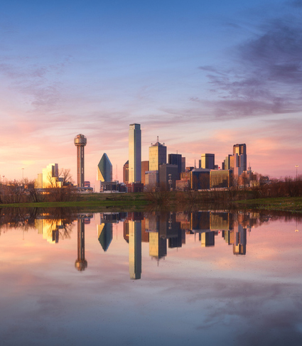 Dallas downtown view at sunset with reflection